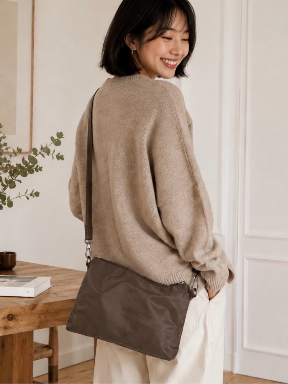 Pixie Mood Taupe Recycled Nylon Minimalist Crossbody Bag Adjustable Strap